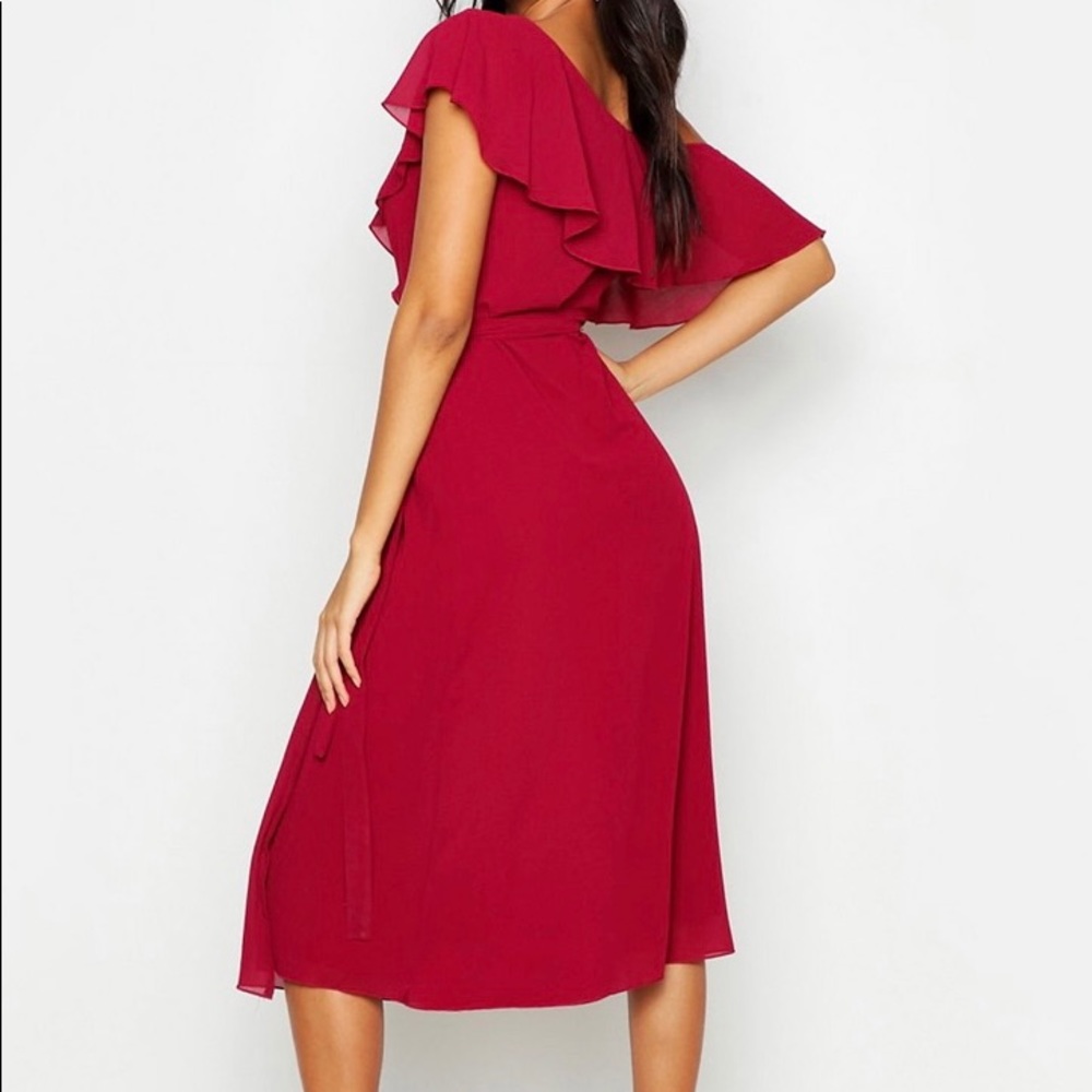 Chiffon Off Shoulder Wrap Midi Dress - Raspberry